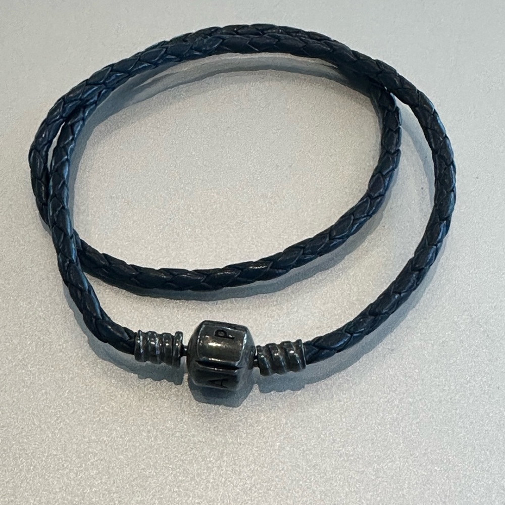 Pandora Double Navy Leather Braided Charm Bracelet